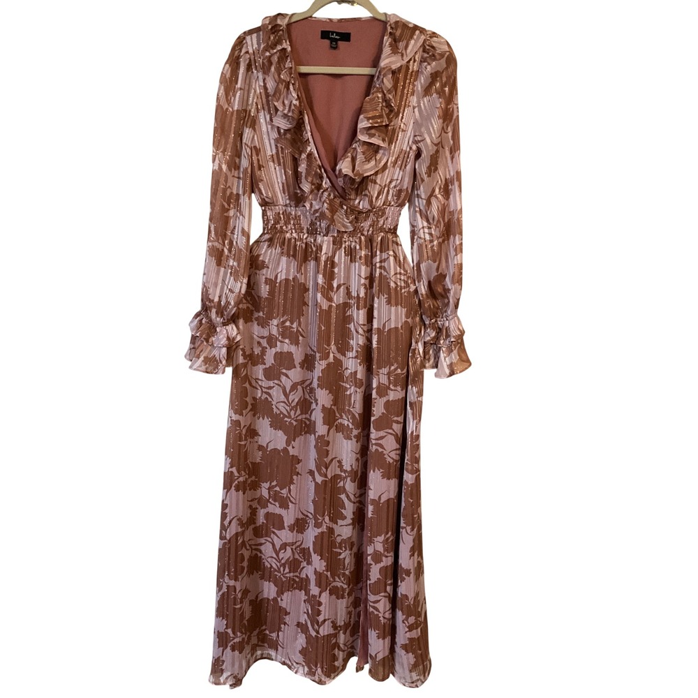 Lulus Metallic Floral Maxi Dress Mauve Terracotta Smocked Waist Ruffle XS